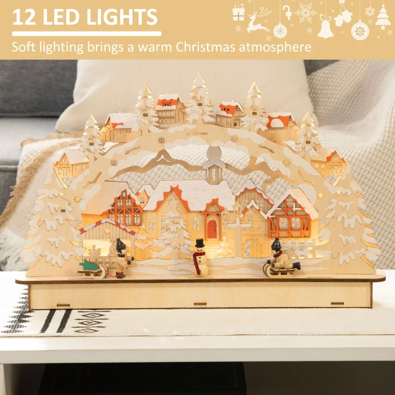 HOMCOM Christmas Village House Decoration, Pre-Lit Winter Wonderland with 12 Battery Operated LED Lights, Indoor Room Décor Collection