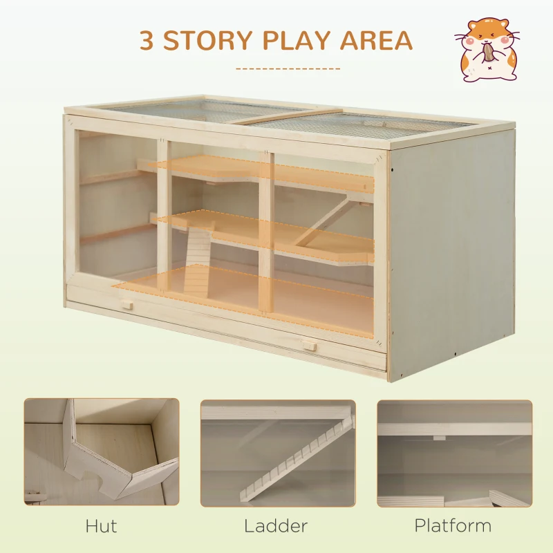PawHut 45" Extra Large Wooden Hamster Cage, 3-Layer Rat Cage with Opening Roof, PVC Window, Small Animal Habitat for Gerbil, Dwarf & Syrian Hamsters, Natural