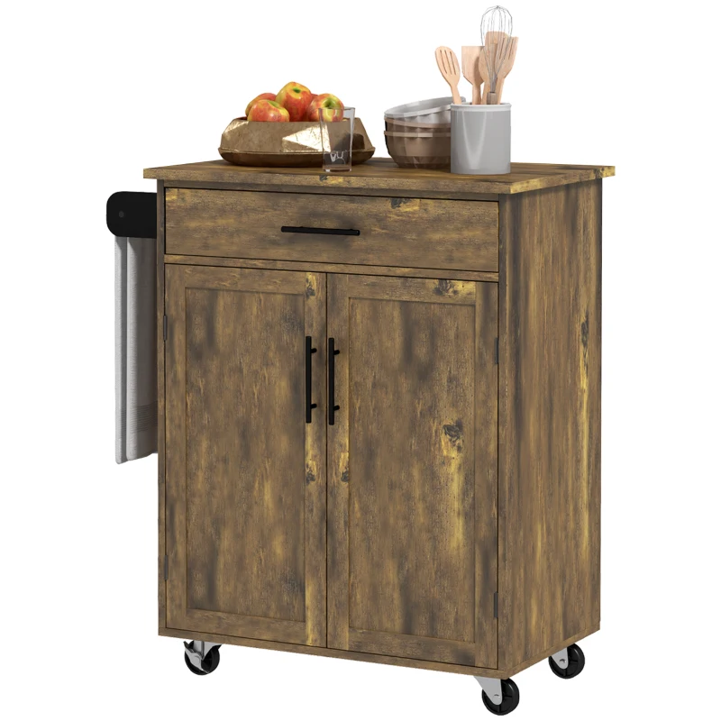 HOMCOM Kitchen Island Cart, Rolling Island Table with Solid Wood Top, Trolley Cart with Drawer, Storage Cabinet & Towel Rack, Rustic Brown
