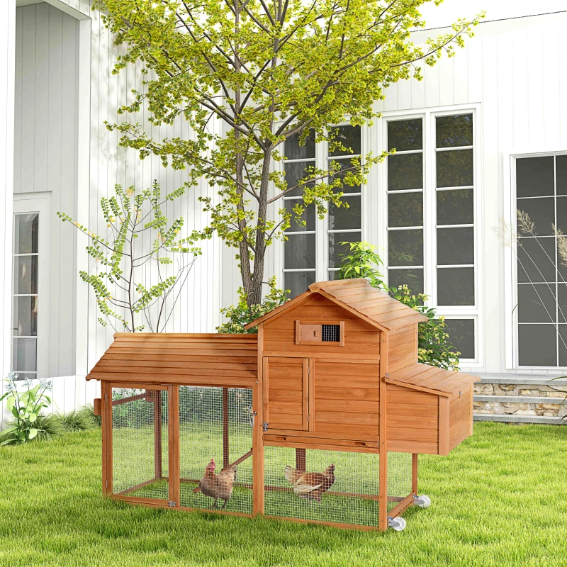 PawHut 83" Wooden Chicken Coop Tractor Hen House Portable Poultry Cage for Outdoor Backyard with Wheels, Nest Box, Removable Tray
