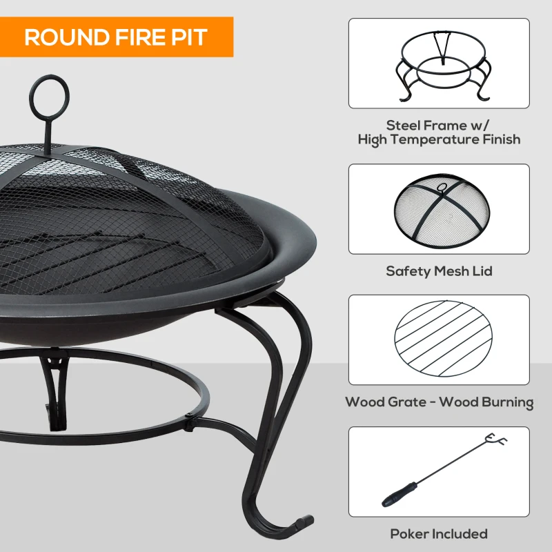 Outsunny 22" Round Firepit Patio Fireplace Garden Heater Portable Wood Burning Porch with Poker and Spark Screen Black
