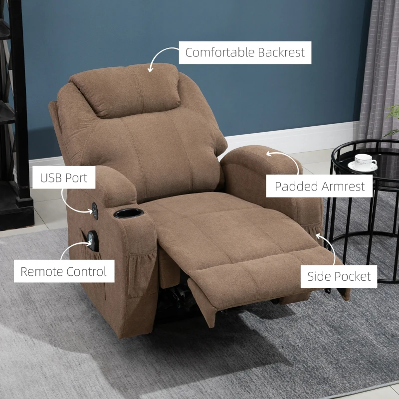 HOMCOM Electric Power Reclining Massage Sofa w/ 8-Point Vibration Waist Heating Side Storage USB Port, Brown