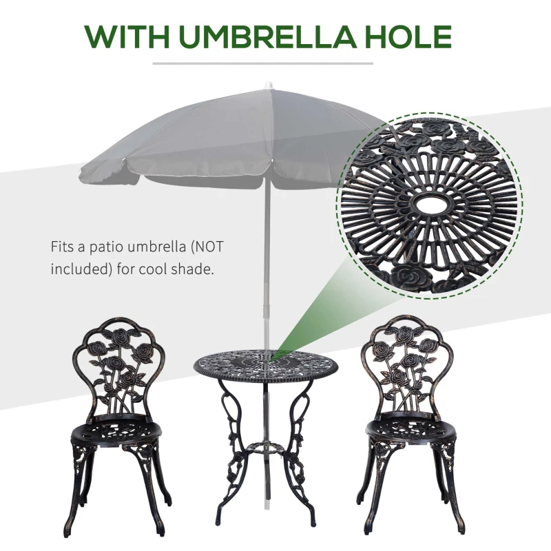 Outsunny 3 Pieces Aluminum Bistro Set, Bistro Table Set Outdoor Patio Furniture with Umbrella Hole, Patio Table and Chairs with Floral Patterns for Garden, Balcony, Porch, Bronze