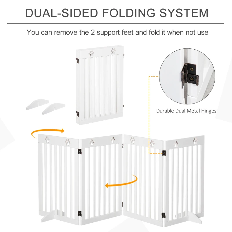 PawHut 29"H Freestanding Folding Pet Gate, Wooden Dog Barrier Fence, with 4 Panels and Dual Hinged Design for Doorways, or Stairs, White