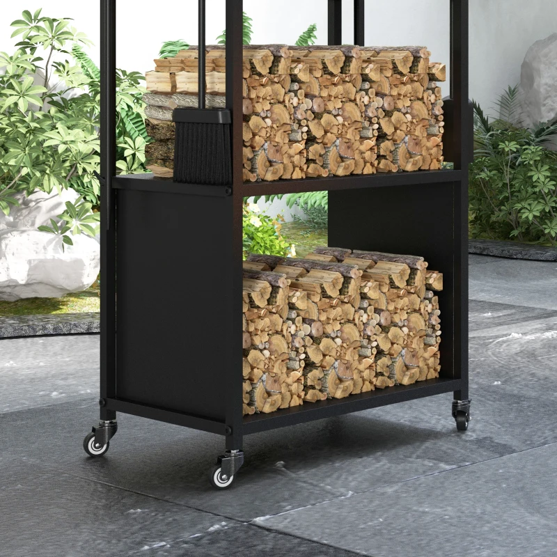 Outsunny 4-Tier Outdoor Indoor Firewood Rack with Wheels and 4 Tools, Powder-Coated Steel Wood Storage Rack Log Holder