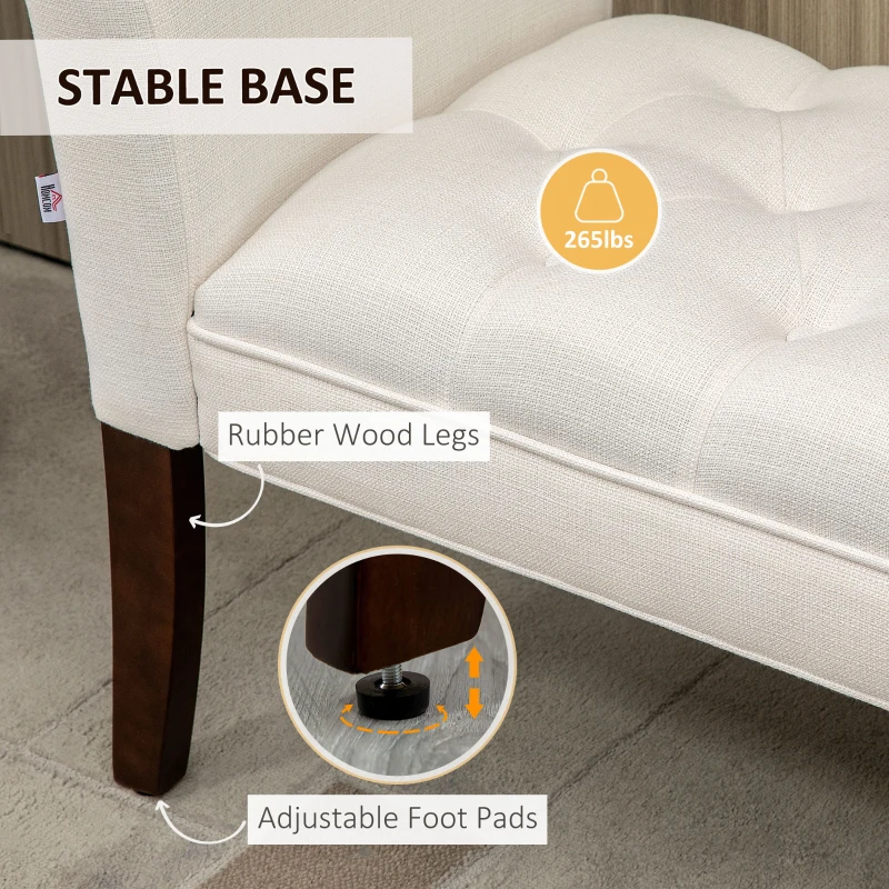 HOMCOM Upholstered Bedroom Bench with Button Tufted Design, End of Bed Bench with Arms and Solid Wood Legs, Cream White