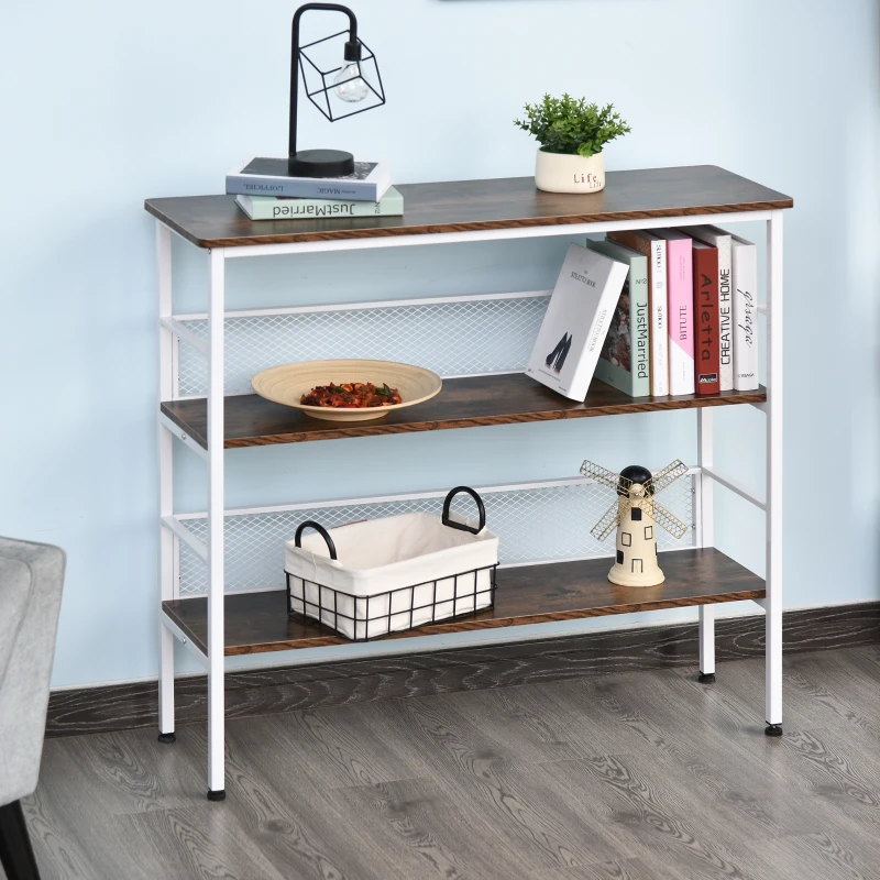 HOMCOM 3-Tier Console Table Industrial Style Storage Metal Wooden Shelf with a Robust Multi-Functional Design & Adjustable Feet, White