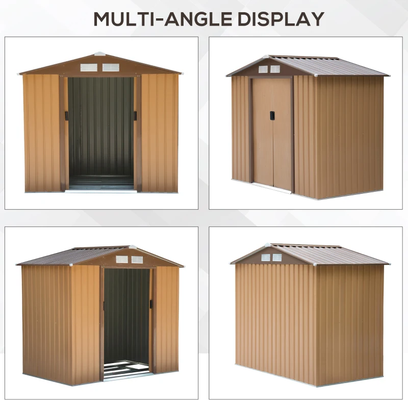 Outsunny 7' x 4' Outdoor Storage Shed, Garden Tool House w/ Foundation Kit Vents & Sliding Doors for Backyard Patio, Brown