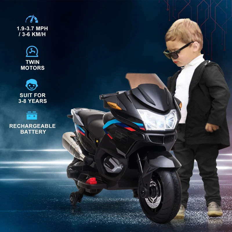Aosom 12V Kids Electric Motorcycle with Training Wheels, Battery Power Ride on Motorbike, High-Traction at 3.7 Mph Top Speed, with Light Music, Black