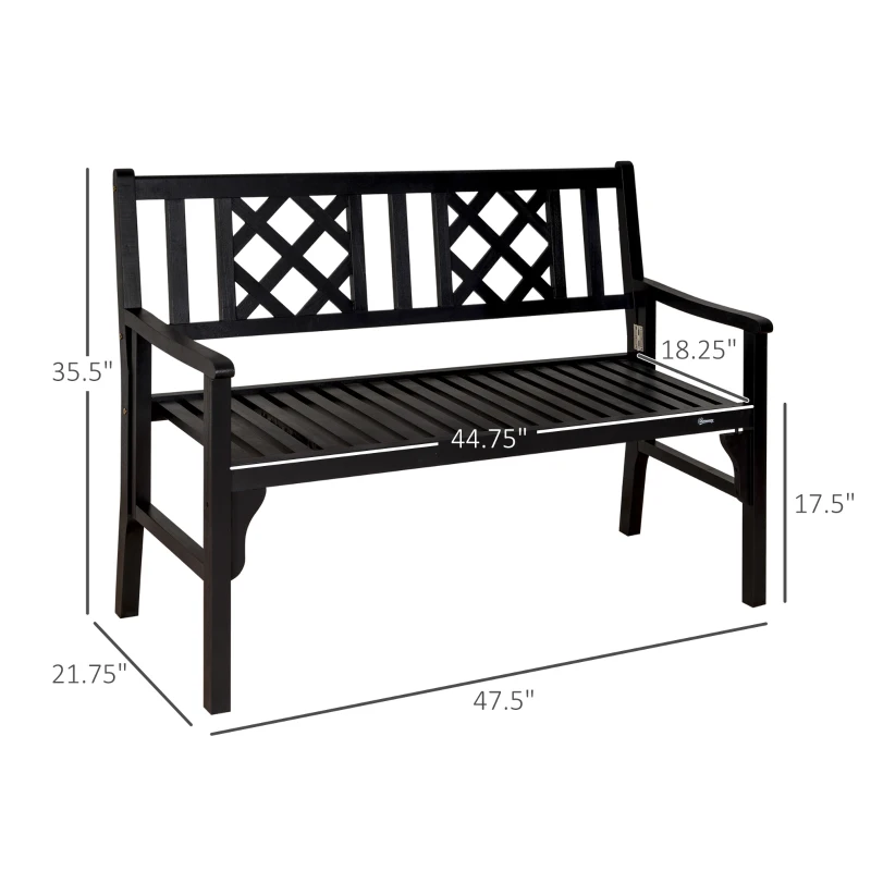 Outsunny Foldable Garden Bench, 2-Seater Patio Wooden Bench, Loveseat Chair with Backrest and Armrest for Patio, Porch or Balcony, Black