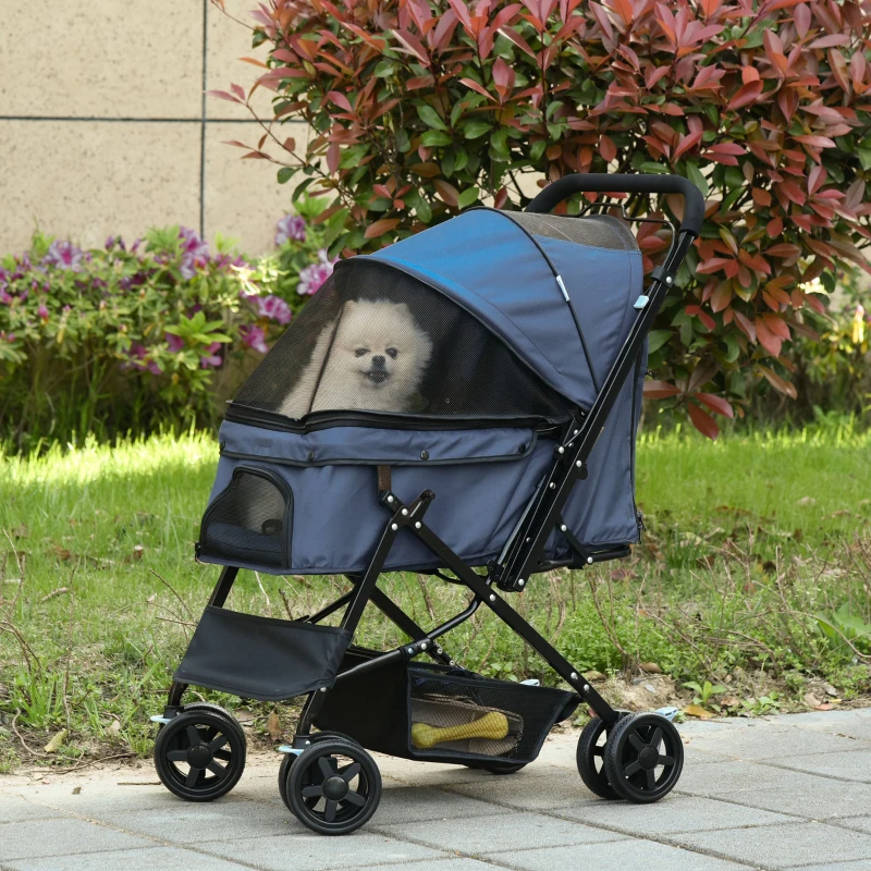 PawHut 4 Wheels Pet Stroller with Reversible Handle, Foldable Cat Dog Travel Carriage with EVA Wheel Brake, 3-stage Canopy, Mesh Window Door, Dark Blue