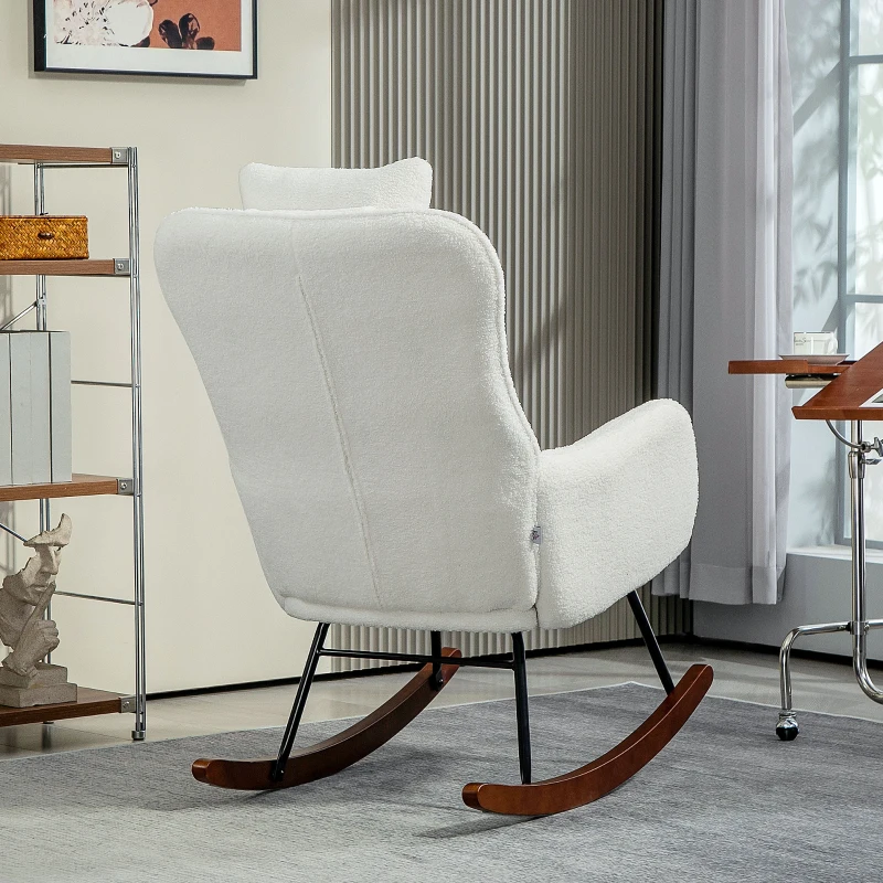 HOMCOM Nursery Rocking Chair with Headrest, Lumber Pillow, Nursing Chair with High Back for Living Room, Bedroom, Cream White