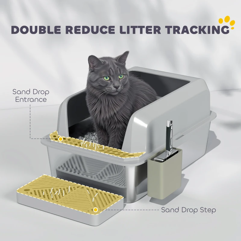 PawHut Stainless Steel Litter Box with Metal Scoop & Scoop Holder, High Sided, Anti-Urine Leakage, Non-Sticky