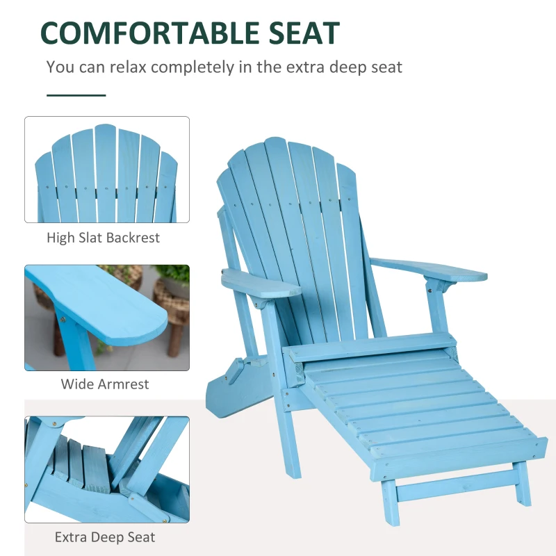 Outsunny Folding Adirondack Chair with Ottoman, Outdoor Wooden Lounger for Patio, Porch, Poolside, Garden, Blue