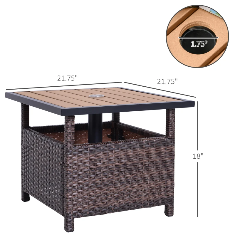 Outsunny 22" Outdoor Side Table with Umbrella Hole, Rattan Wicker End Table with Sand Bag and Steel Frame for Outdoor, Patio, Garden, Backyard, Brown & Light Yellow