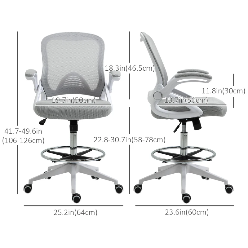 Vinsetto Height-Adjustable Tall Office Chair, Drafting Chair with Flip-Up Armrest, Footrest Ring, Swivel Wheels, Light Grey
