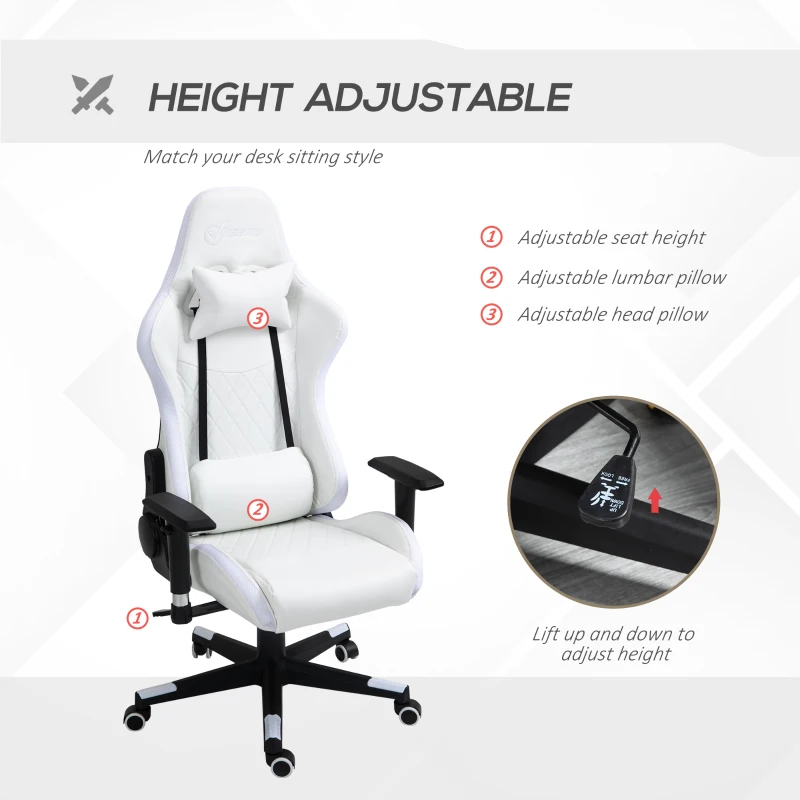 Vinsetto High Back Gaming Chair with RGB LED Lights, Adjustable Arms, and Lumbar Support, Racing Office Computer Chair with Head Pillow, White / Black