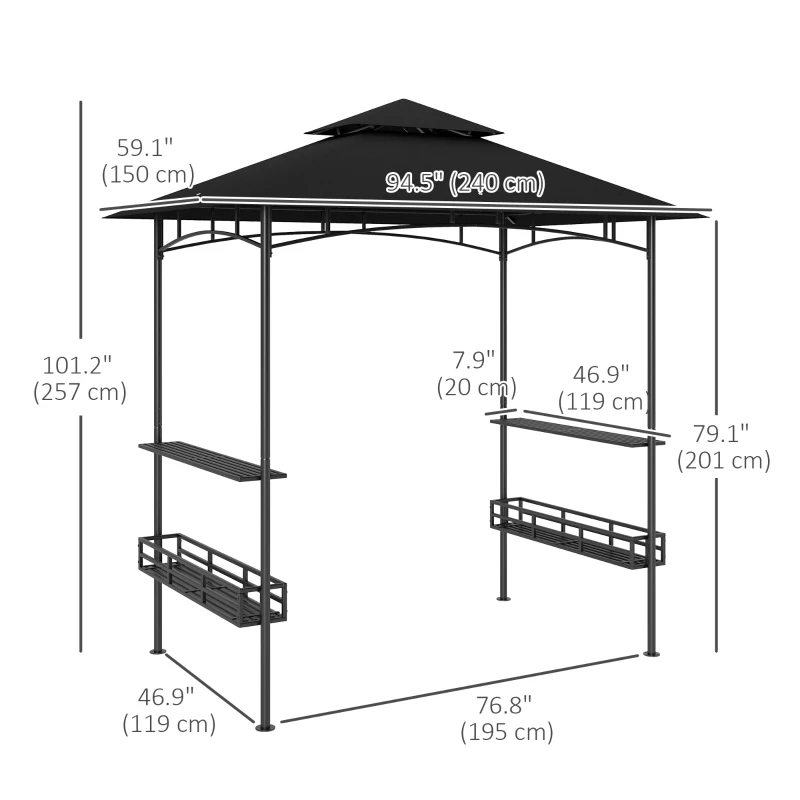 Outsunny 8' x 5' Barbecue Gazebo, 2-Tier BBQ Gazebo with 2 Side Shelves, Storage Basket, Hanging Hooks, Dark Grey