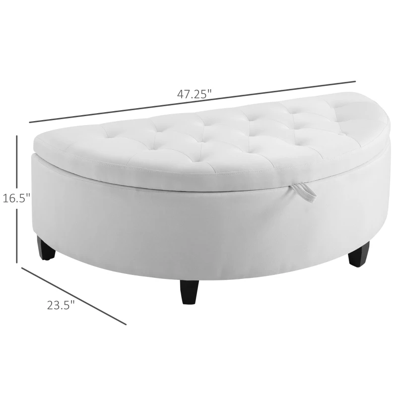 HOMCOM Half Moon Storage Ottoman, Upholstered Button Tufted Storage Bench with Lift Lid and Wood Legs, for Living Room, Entryway, White