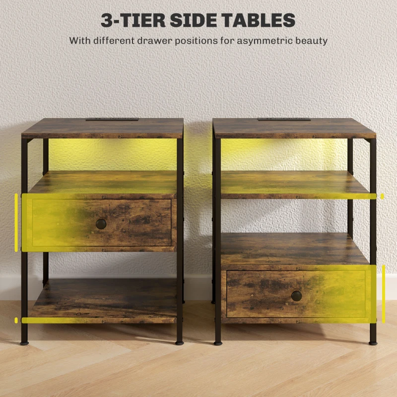 HOMCOM Set of 2 Side Tables with Charging Stations and LED Lights, End Tables with Drawer and Shelves for Living Room, Brown