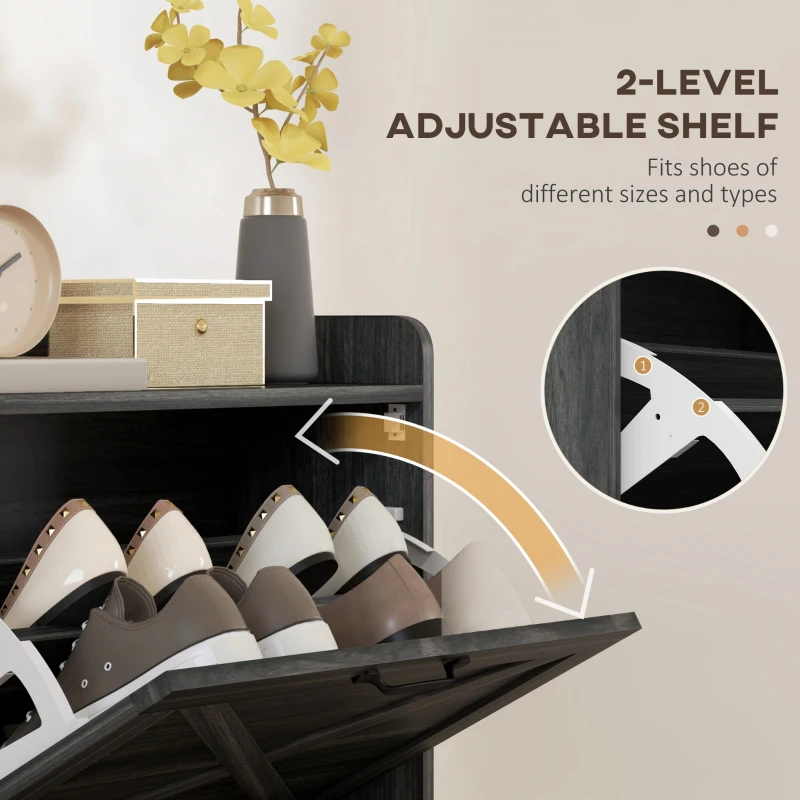 HOMCOM Slim Shoe Storage Cabinet, Farmhouse Shoe Cabinet with 2 Flip Drawers, Adjustable Shelves for 8 Pairs, Distressed Grey