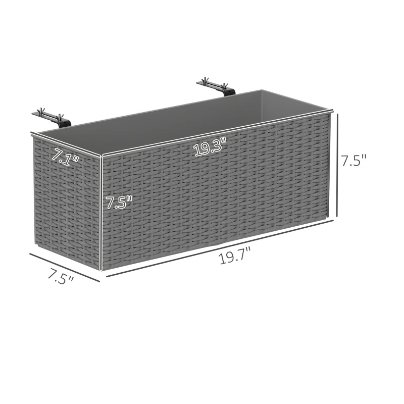 Outsunny 2 Pack 20 Inch Railing Flower Pots, Hanging Flower Pots with Hooks, Drainage Holes for Fence, Rattan Look, Gray