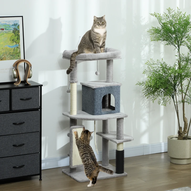 PawHut 52 Inch Cat Tree with Scratching Posts, Cat Bed, Condo, Grooming Brush, Jumping Platforms, Toy Balls, Anti-tip Kit