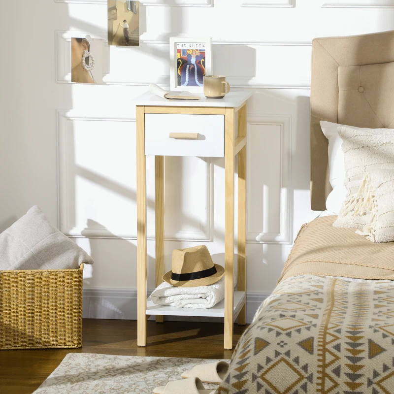 HOMCOM Tall Side Table, Slim Bedside Table with Drawer and Bottom Shelf, Narrow End Table with Storage and Pine Wood Frame for Small Spaces, White