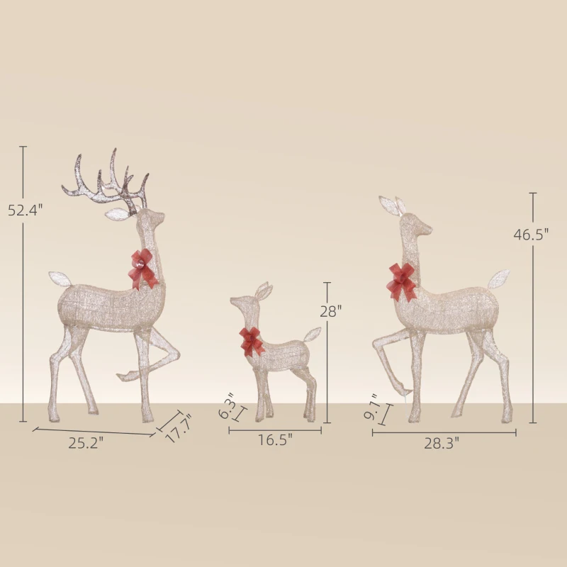 Outsunny Lighted Reindeer Christmas Decorations, 3-Piece Light Up Christmas Deer Family Set with LEDs for Outdoor, Gold