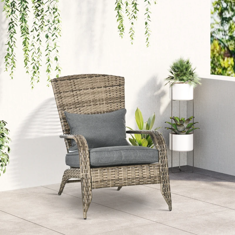 Outsunny Patio Wicker Adirondack Chair, Outdoor All-Weather Rattan Fire Pit Chair w/ Soft Cushions, Tall Curved Backrest and Comfortable Armrests for Deck or Garden, Mixed Tan/Dark Gray