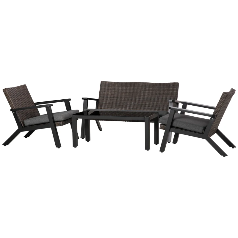 Outsunny 4 Pieces Patio Furniture Set, All Aluminum Frame Outdoor Sofa Set PE Rattan Sofa with 2 Cushioned Sofas, 1 Loveseat and Coffee Table with Tempered Glass Top for Garden, Backyard, Black, Grey
