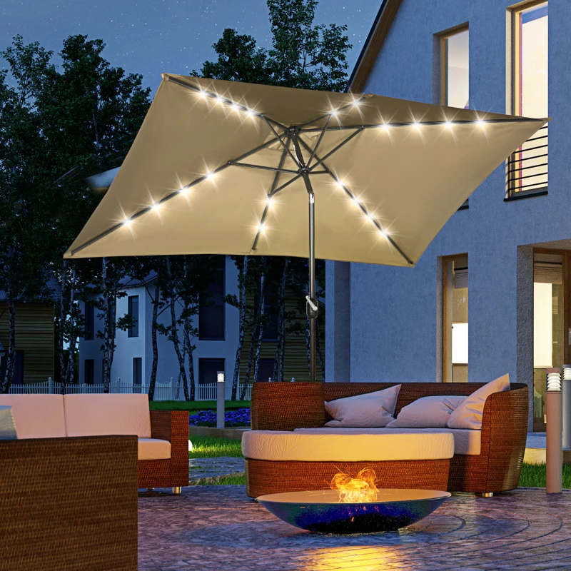 Outsunny 6.5x10ft Patio Umbrella Rectangle Solar Powered Tilt Aluminum Outdoor Market Parasol with LEDs Crank (Light Coffee)