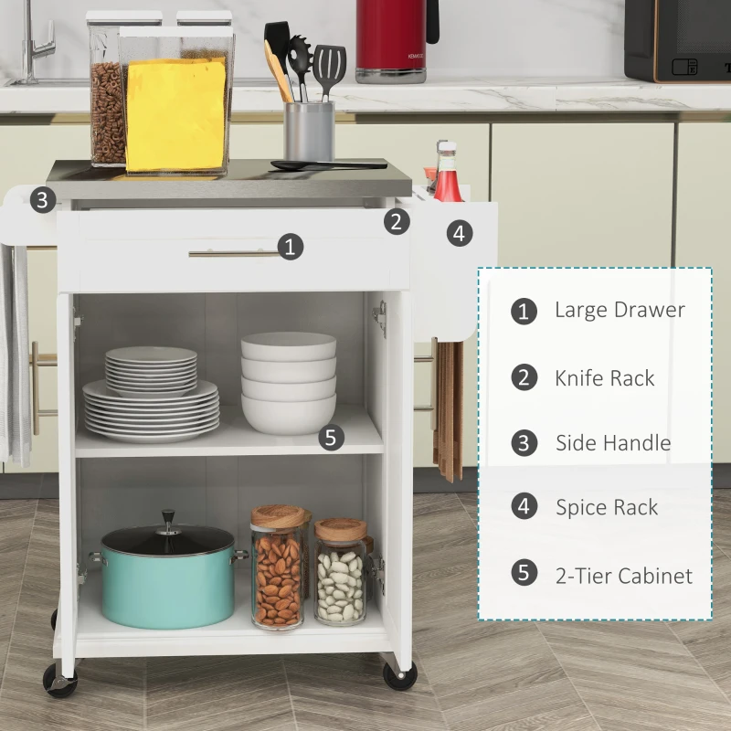 HOMCOM Kitchen Island with Wheels, Rolling Kitchen Island with Storage, Stainless Steel Countertop for Dining Room, Cream White