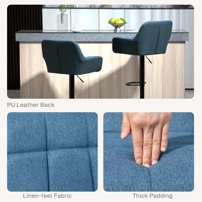 HOMCOM Swivel Barstools Set of 2 Adjustable Bar Stools with Footrest Armrests and PU Leather Back for Dining Room Dark Blue