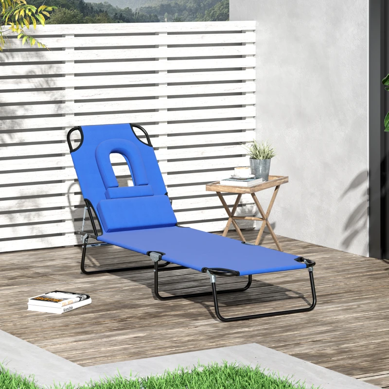 Outsunny Adjustable Outdoor Lounge Chair, Garden Folding Chaise Lounge with Face Hole Reclining Tanning Chair Seat, Folding Camping Beach Lounging Bed w/ Support Pillow, Blue