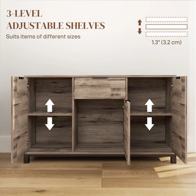 HOMCOM 47" Buffet Cabinet, Industrial Sideboard with 3 Doors, Drawer, 2 Adjustable Shelves for Living Room, Brown Wood Grain