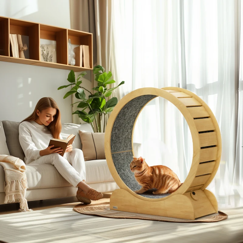 PawHut 39" Cat Exercise Wheel with Natural Wood Grain