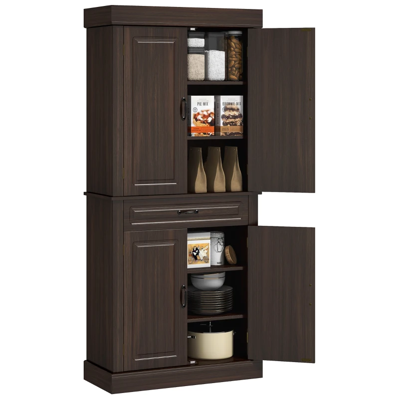 HOMCOM 71" Freestanding Kitchen Pantry with 4 Doors and 2 Large Cabinets, Tall Storage Cabinet with Drawer, Coffee
