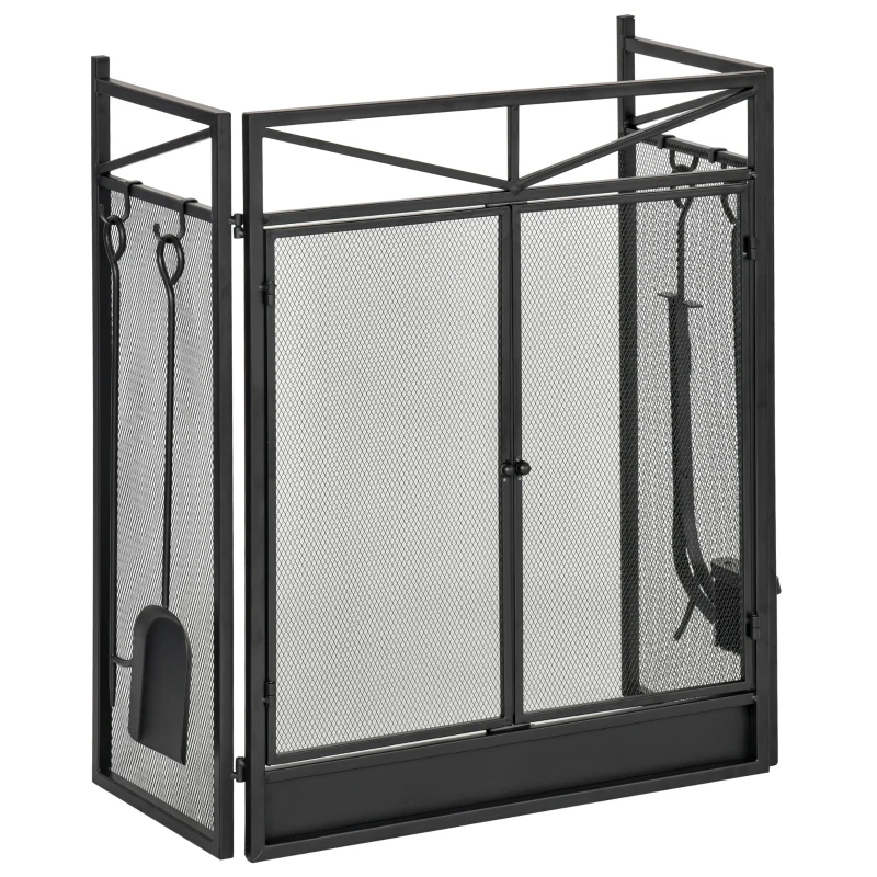 HOMCOM 3-Panel Folding Fireplace Screen with 2 Magnetic Doors and Fire Place Tools Set, Fire Spark Guard for Wood Burning, with Brush, Shovel, Poker, Firewood Tongs, 48" x 0.75", Black