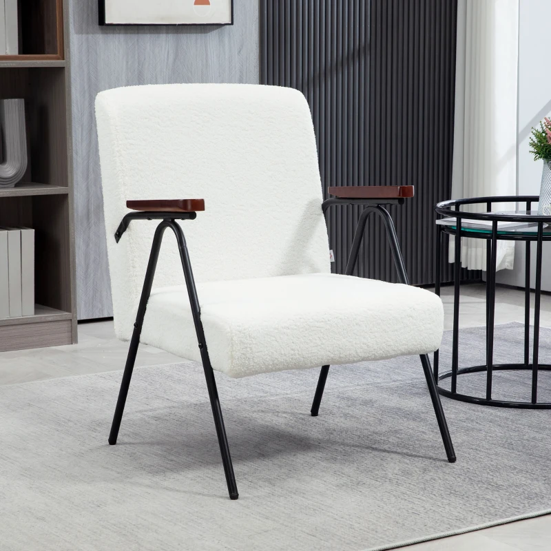 HOMCOM Modern Armchair, Upholstered Teddy Fleece Accent Chair with Wood Arms and Steel Frame for Living Room, Bedroom, White