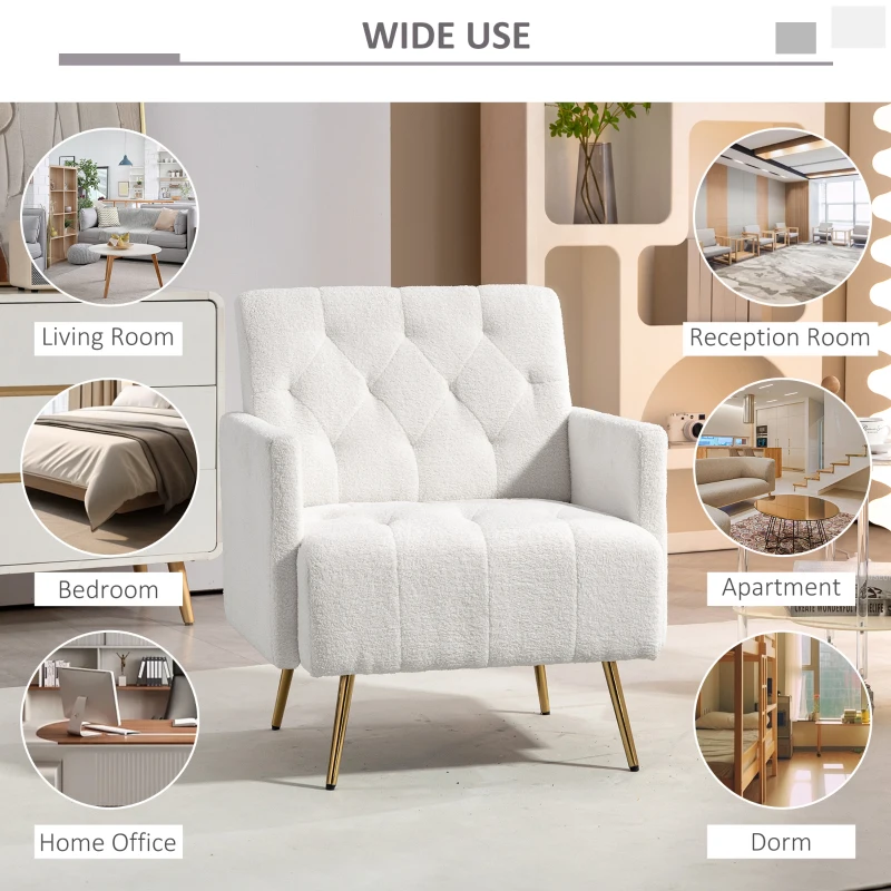 HOMCOM Upholstered Armchair, Modern Sherpa Accent Chair, Tufted Reading Chair for Living Room with Gold Steel Legs, White