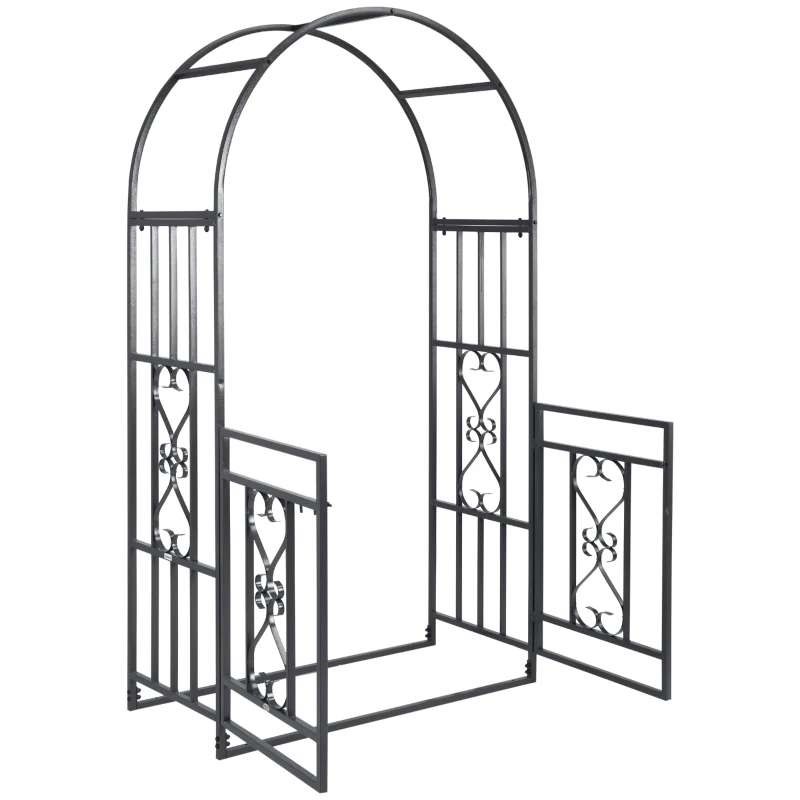 Outsunny 81" Metal Garden Arbor with Double Doors, Locking Gate, Climbing Vine Frame with Heart Motifs, Arch for Wedding, Bridal Party Decoration, Grey