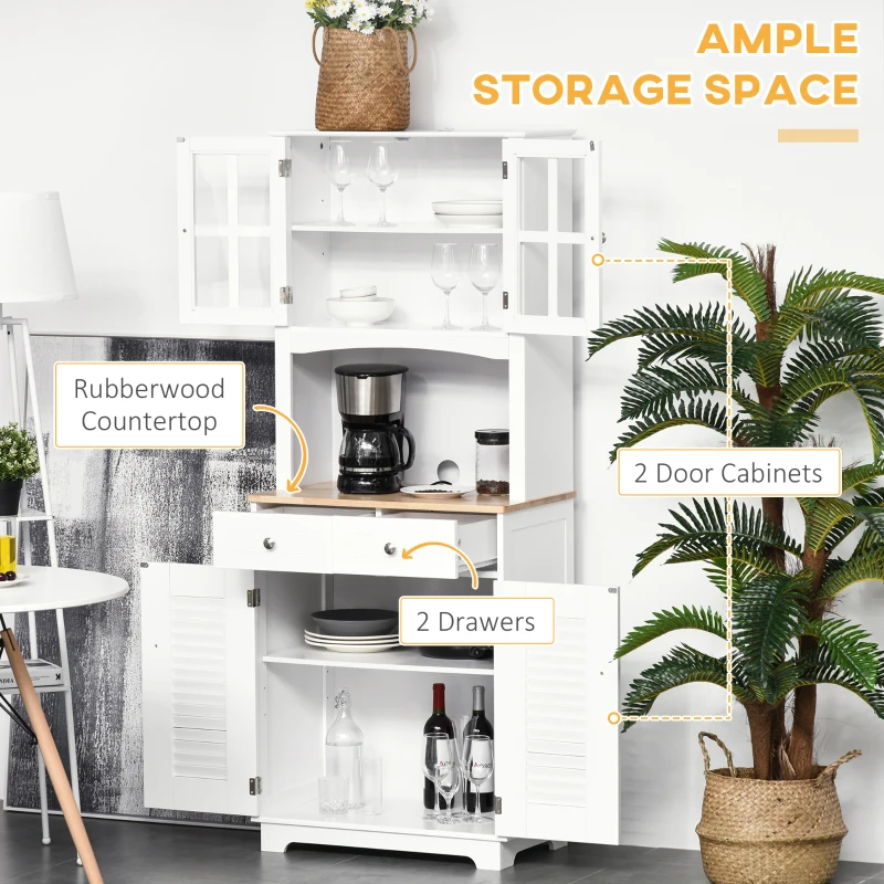 HOMCOM Coastal Style Kitchen Buffet and Hutch Wooden Storage Cupboard with Framed Glass Door LouveredCabinet  Drawers Microwave Space for Dining Room  Living Room  White