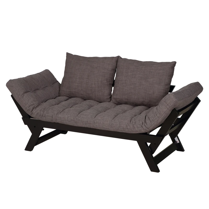 HOMCOM Convertible Sofa Bed Futon Loveseat Living Room with Pillow, Adjustable 3-Position Sofa Bed Soild Wood Frame, Dark Grey