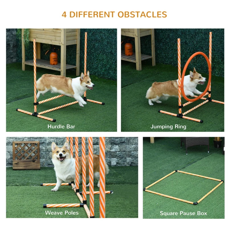 PawHut 4PC Portable Pet Agility Training Set Hurdle for Dog Obstacle Exercise with Adjustable Height Jump Ring High Jumper Weave Poles Square Pause Box Carry Bag Whistle Orange and White