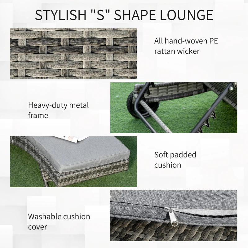 Outsunny Outdoor Adjustable Wicker Chaise Lounge Chair with Cushion & Wheels for Patio, Deck, Poolside, Grey