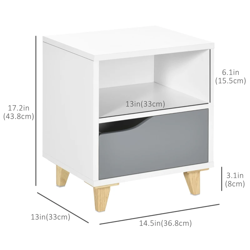 HOMCOM Modern Bedside Table, Side End Table with Shelf, Drawer and Wood Legs, 14.5" x 13" x 17.2", White and Grey