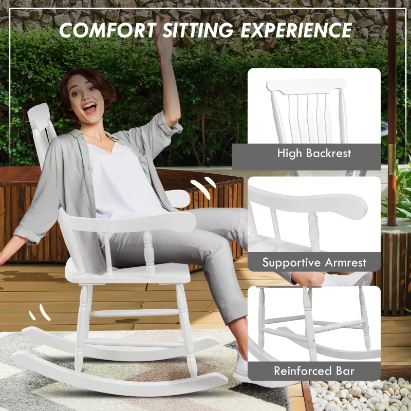 Outsunny Porch Rocker Chair, 350 lbs. Wooden Outdoor Rocking Chair with High Back for Garden, Patio, Balcony, White