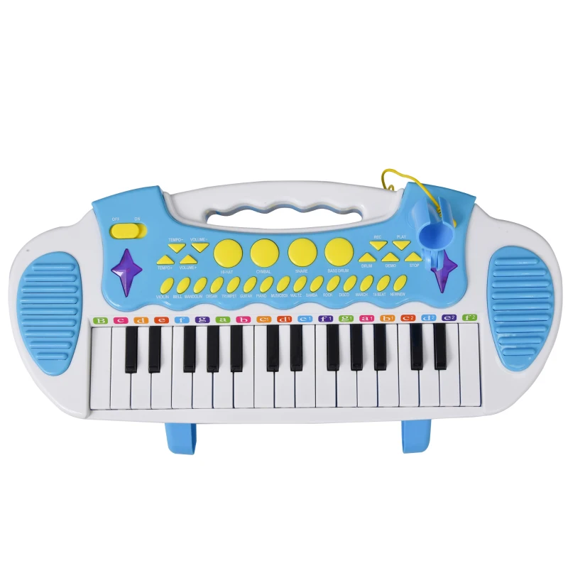 Qaba 31-Key Kids Toy Keyboard Piano, Electronic Musical Instrument with Multiple Sounds, Stool, Microphone and Bright Flashing Lights, Blue