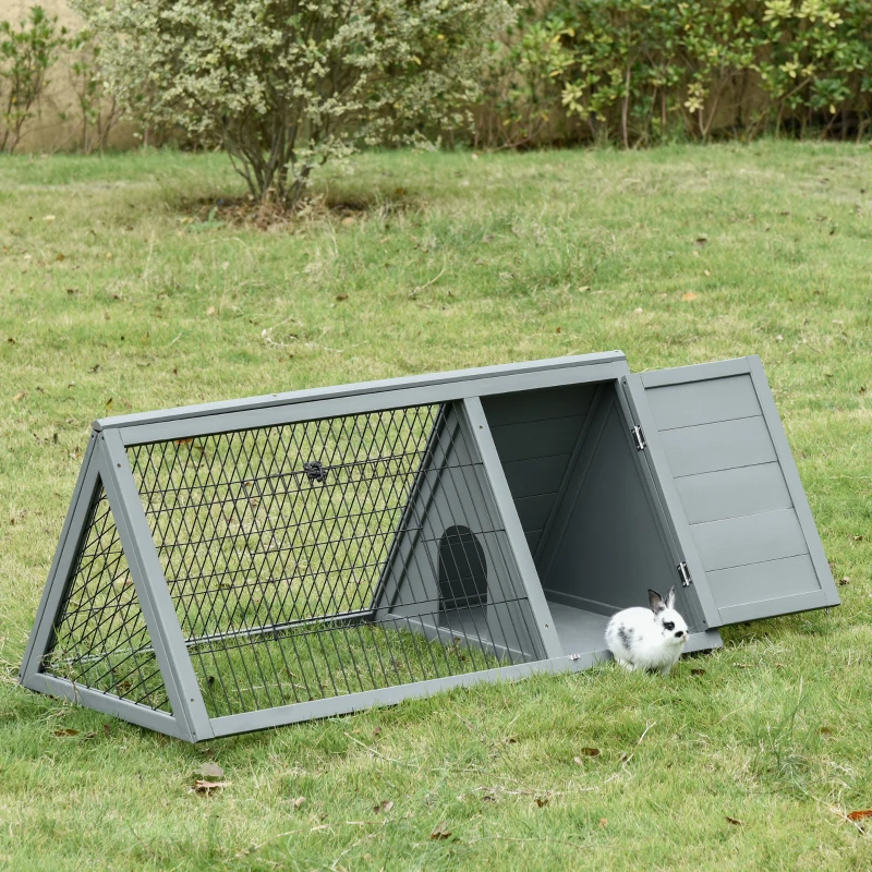 PawHut 46" x 25" Wooden A-Frame Outdoor Rabbit Cage Small Animal Hutch with Outside Run & Ventilating Wire, Grey